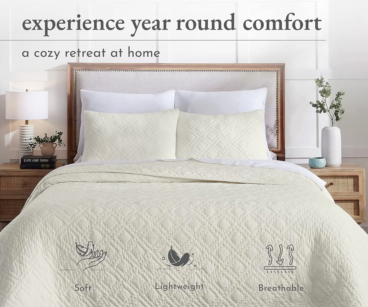 imageCalifornia Design Den HandQuilted Quilt Twin Size 100 Cotton Fabric 2 Piece Ivory Quilt Twin Set All Season Lightweight PreSoftened Diamond Pattern Creamy IvoryIvory