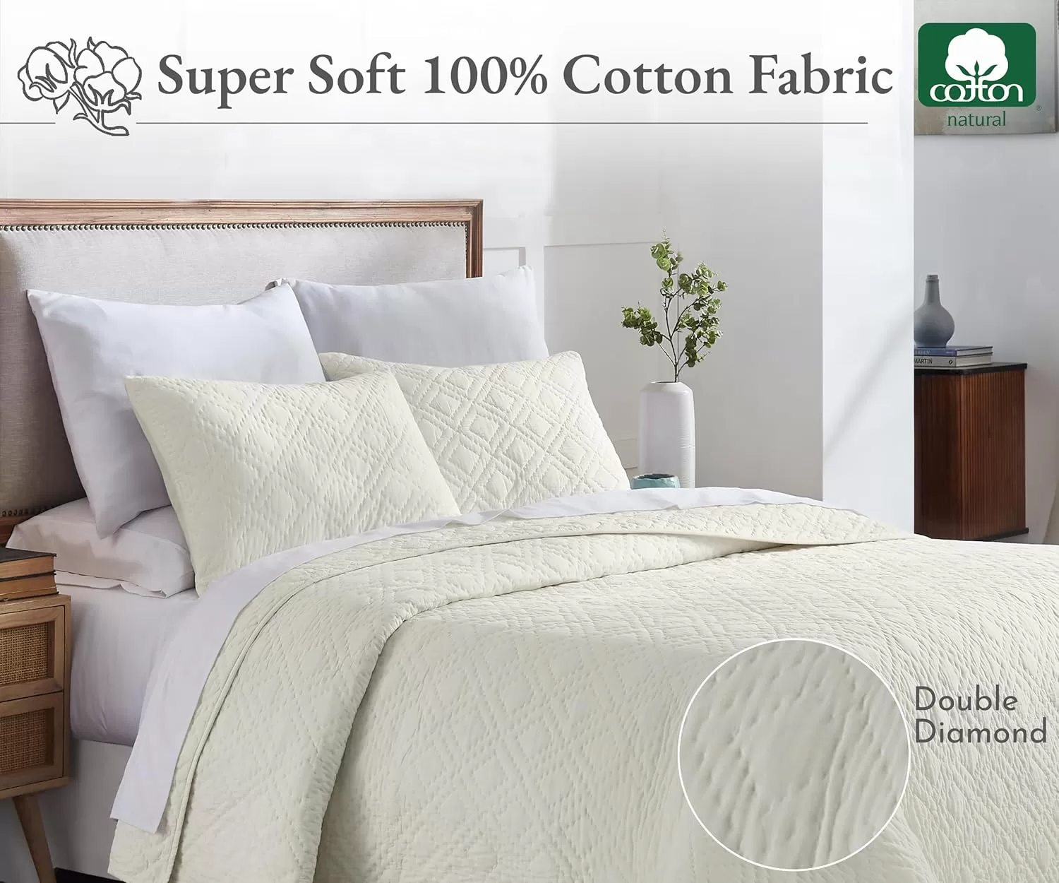 imageCalifornia Design Den HandQuilted Quilt Twin Size 100 Cotton Fabric 2 Piece Ivory Quilt Twin Set All Season Lightweight PreSoftened Diamond Pattern Creamy IvoryIvory