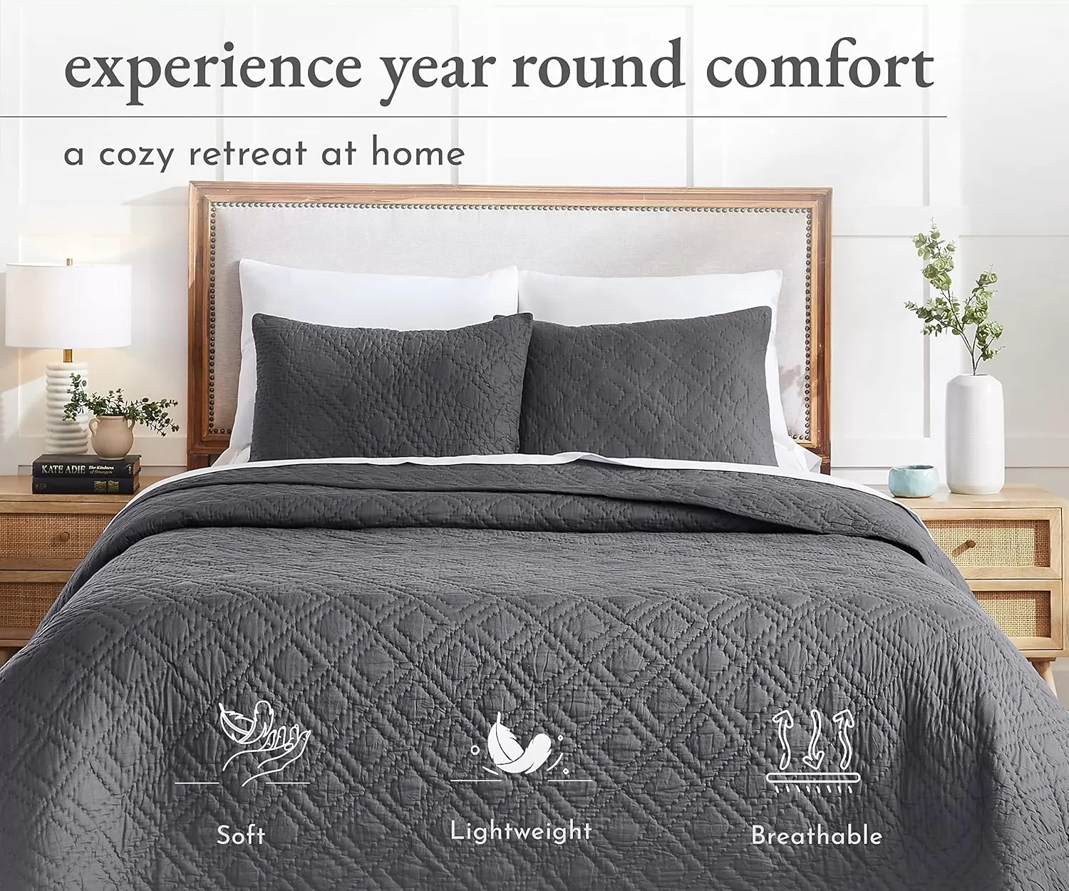 imageCalifornia Design Den HandQuilted Quilt Twin Size 100 Cotton Fabric 2 Piece Twin Charcoal Quilt Set All Season PreSoftened Diamond Pattern Charcoal