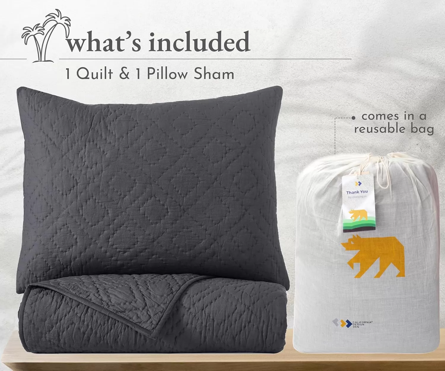 imageCalifornia Design Den HandQuilted Quilt Twin Size 100 Cotton Fabric 2 Piece Twin Charcoal Quilt Set All Season PreSoftened Diamond Pattern Charcoal