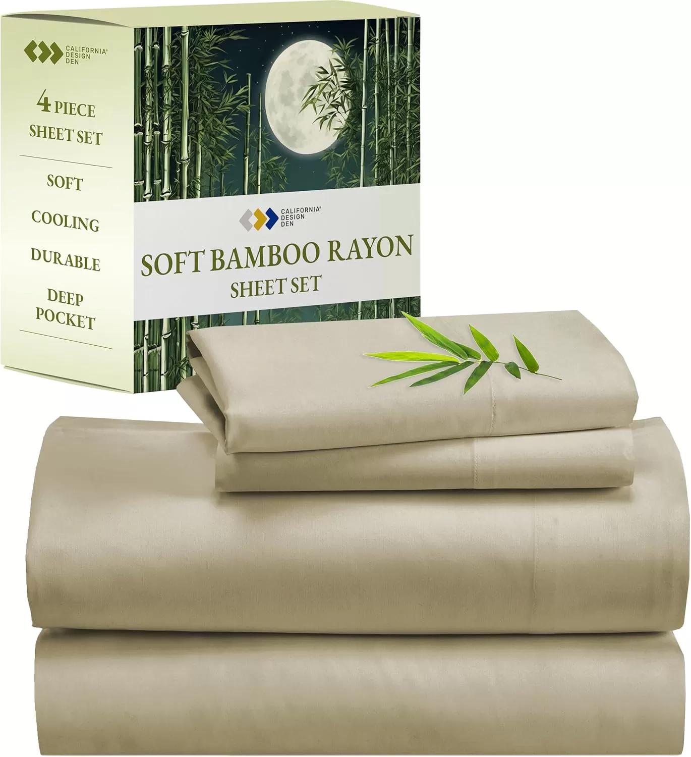 imageCalifornia Design Den Rayon from Bamboo Sheets Queen Size Bed Luxury Silk Sheets Cooling Sheets White Bedsheets with Snug Fitted Deep Pockets Queen WhiteBeige