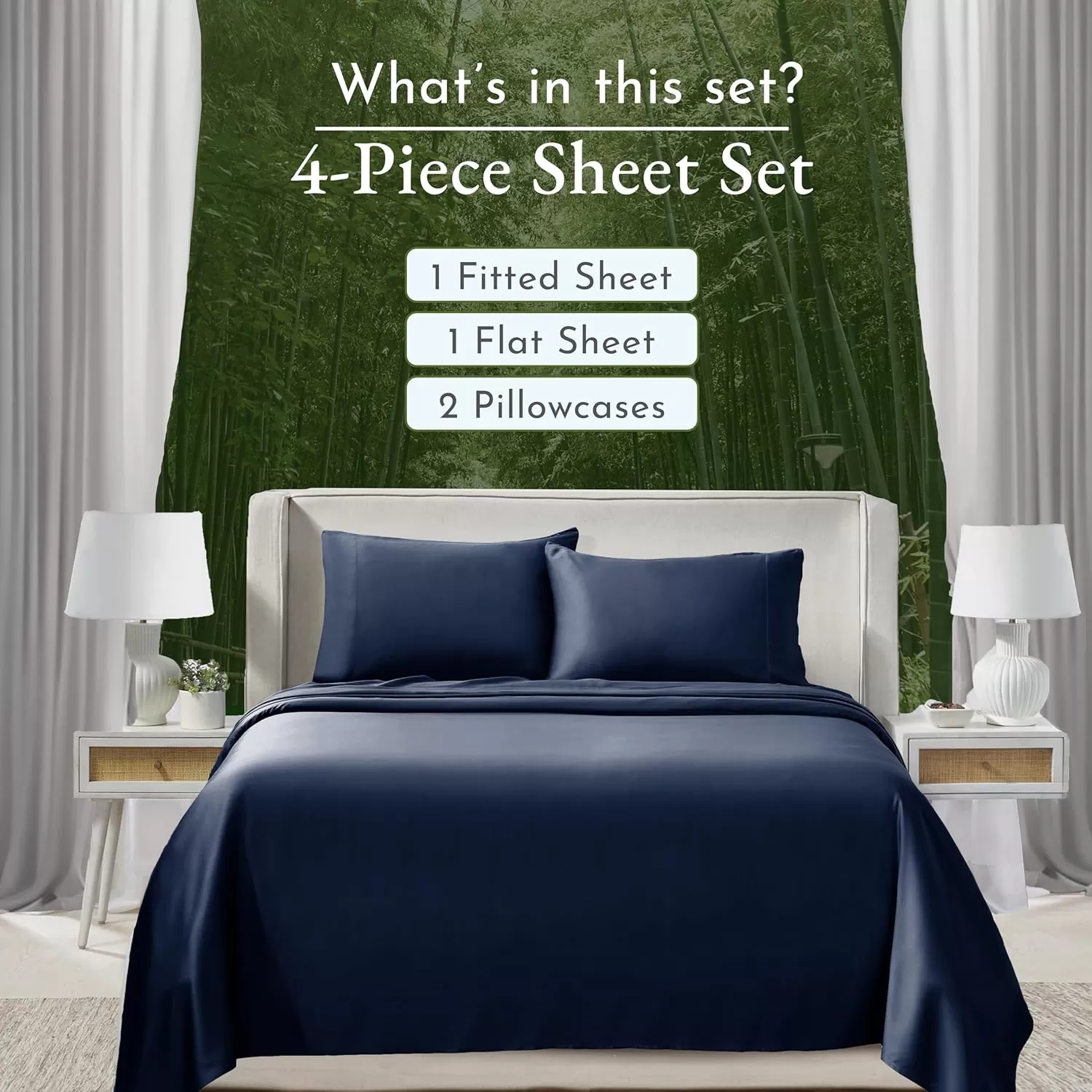 imageCalifornia Design Den Rayon from Bamboo Sheets Queen Size Bed Luxury Silk Sheets Cooling Sheets White Bedsheets with Snug Fitted Deep Pockets Queen WhiteNavy Blue