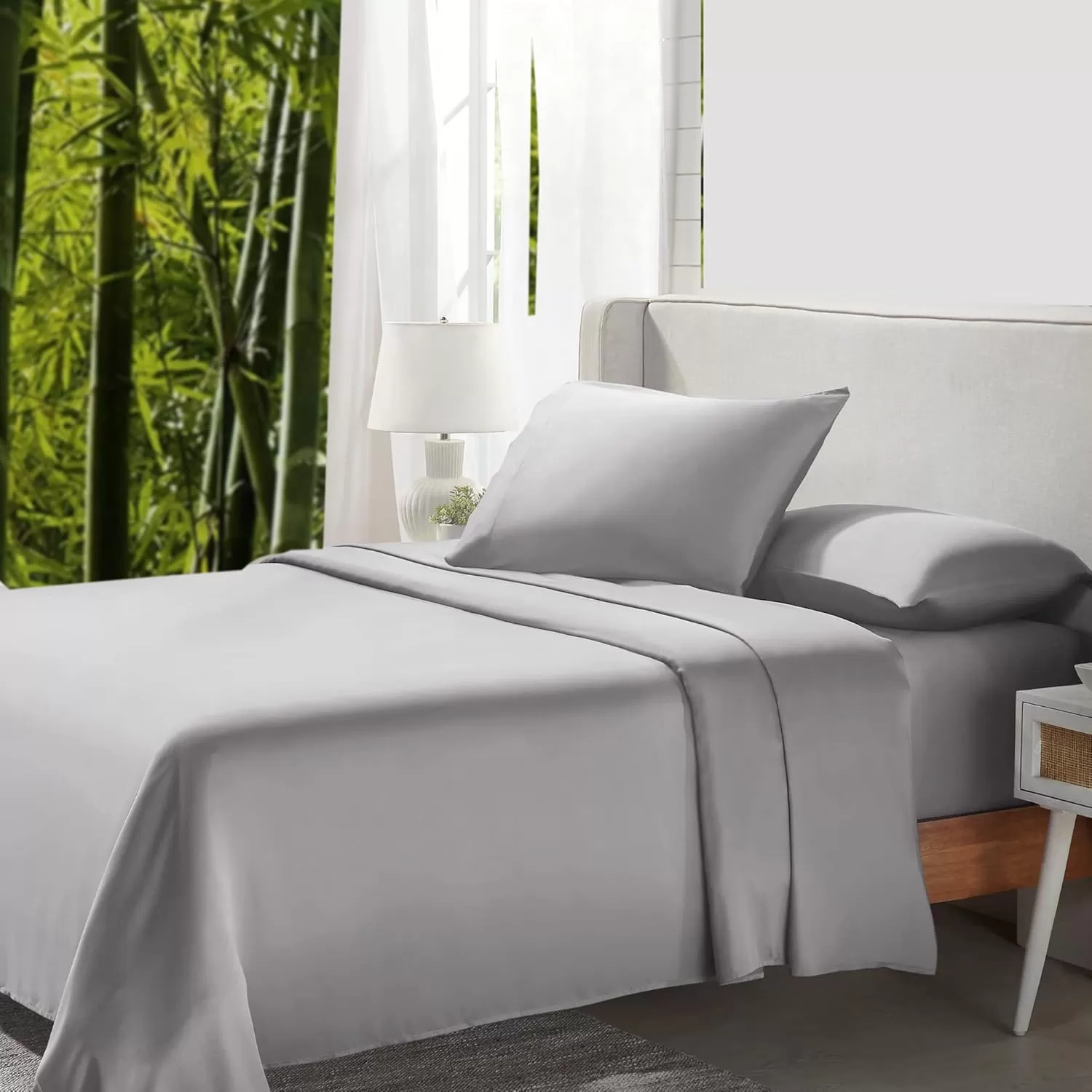 imageCalifornia Design Den Rayon from Bamboo Sheets Queen Size Bed Luxury Silk Sheets Cooling Sheets White Bedsheets with Snug Fitted Deep Pockets Queen WhiteSilver Gray