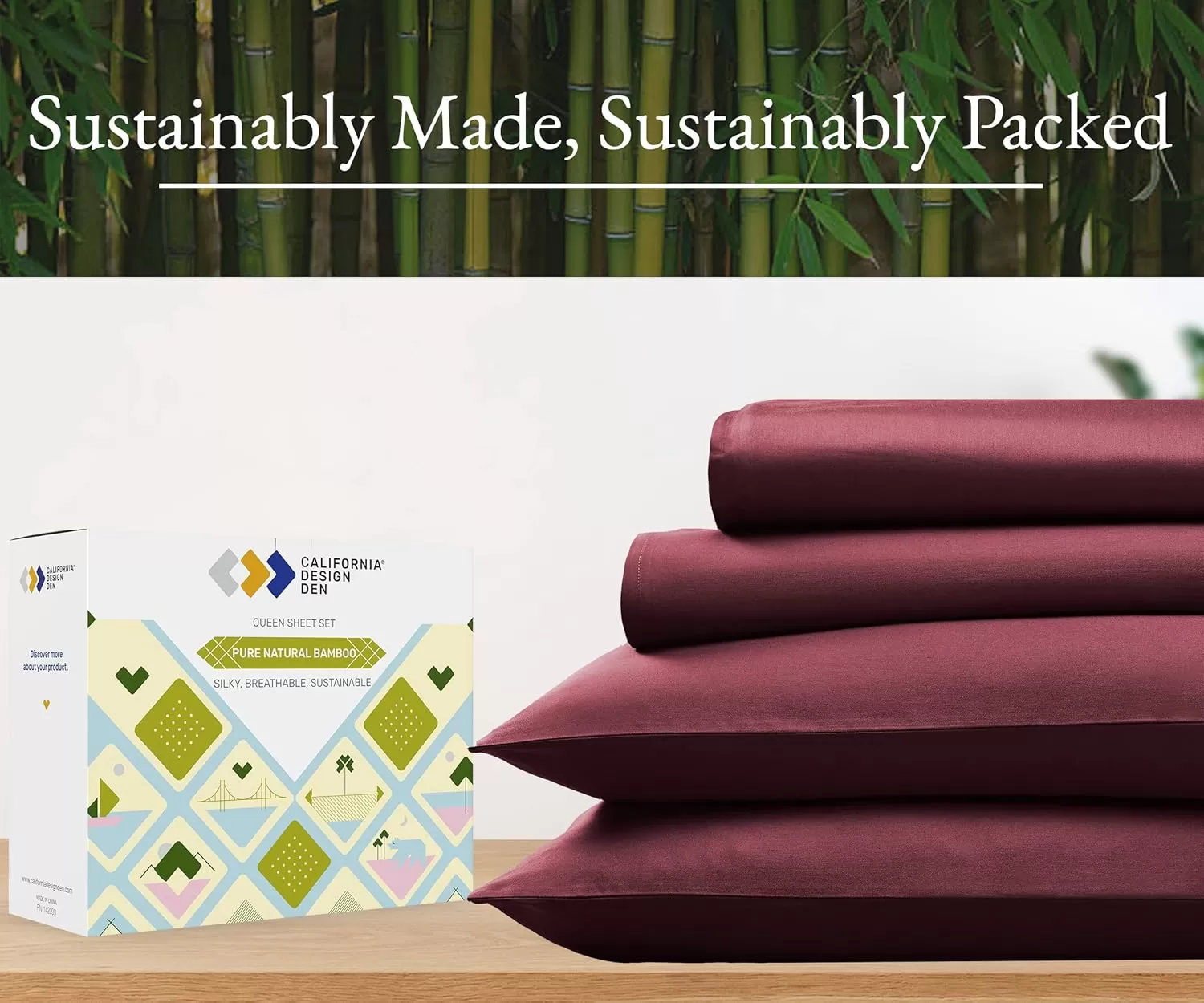 imageCalifornia Design Den Rayon from Bamboo Sheets Queen Size Bed Luxury Silk Sheets Cooling Sheets White Bedsheets with Snug Fitted Deep Pockets Queen WhiteBurgundy