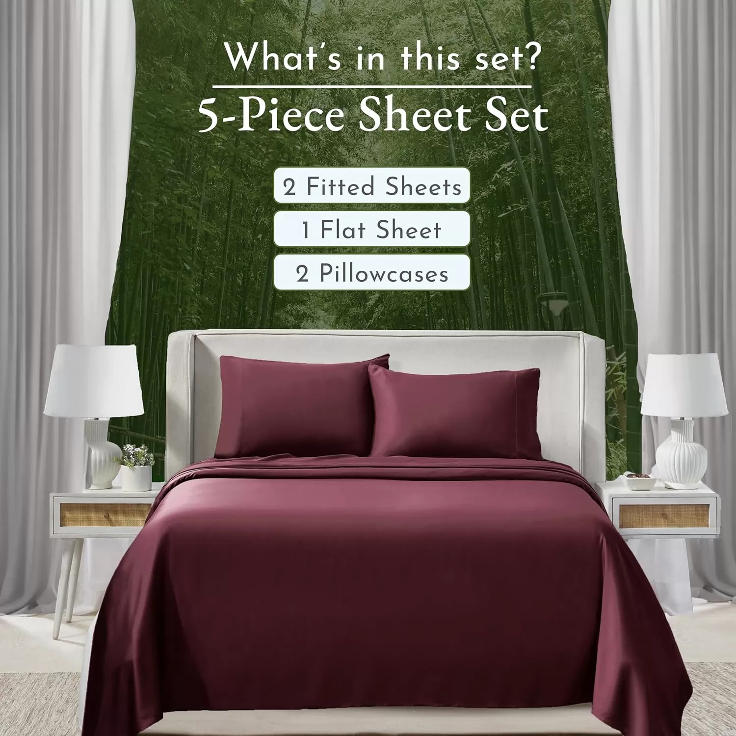 imageCalifornia Design Den Rayon from Bamboo Sheets Queen Size Bed Luxury Silk Sheets Cooling Sheets White Bedsheets with Snug Fitted Deep Pockets Queen WhiteBurgundy