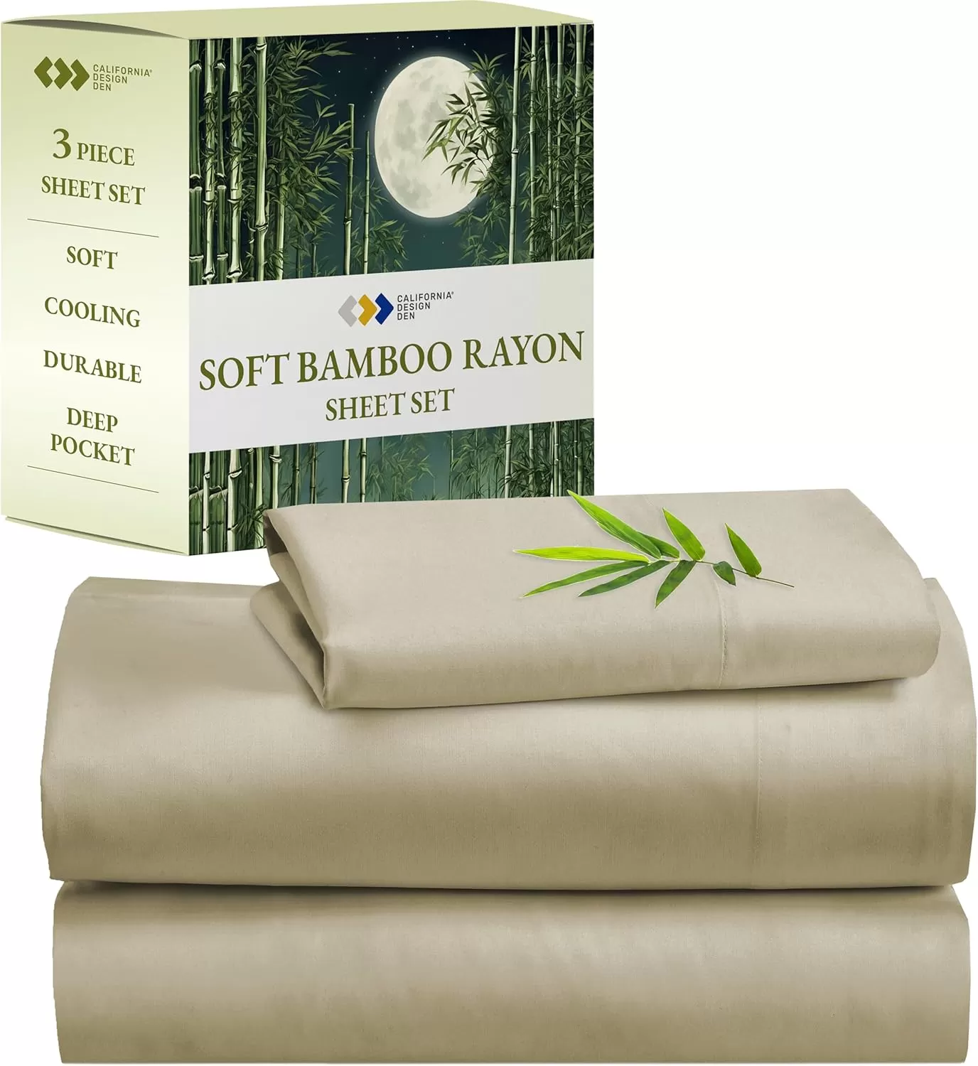 imageCalifornia Design Den Rayon from Bamboo Sheets Queen Size Bed Luxury Silk Sheets Cooling Sheets White Bedsheets with Snug Fitted Deep Pockets Queen WhiteBeige