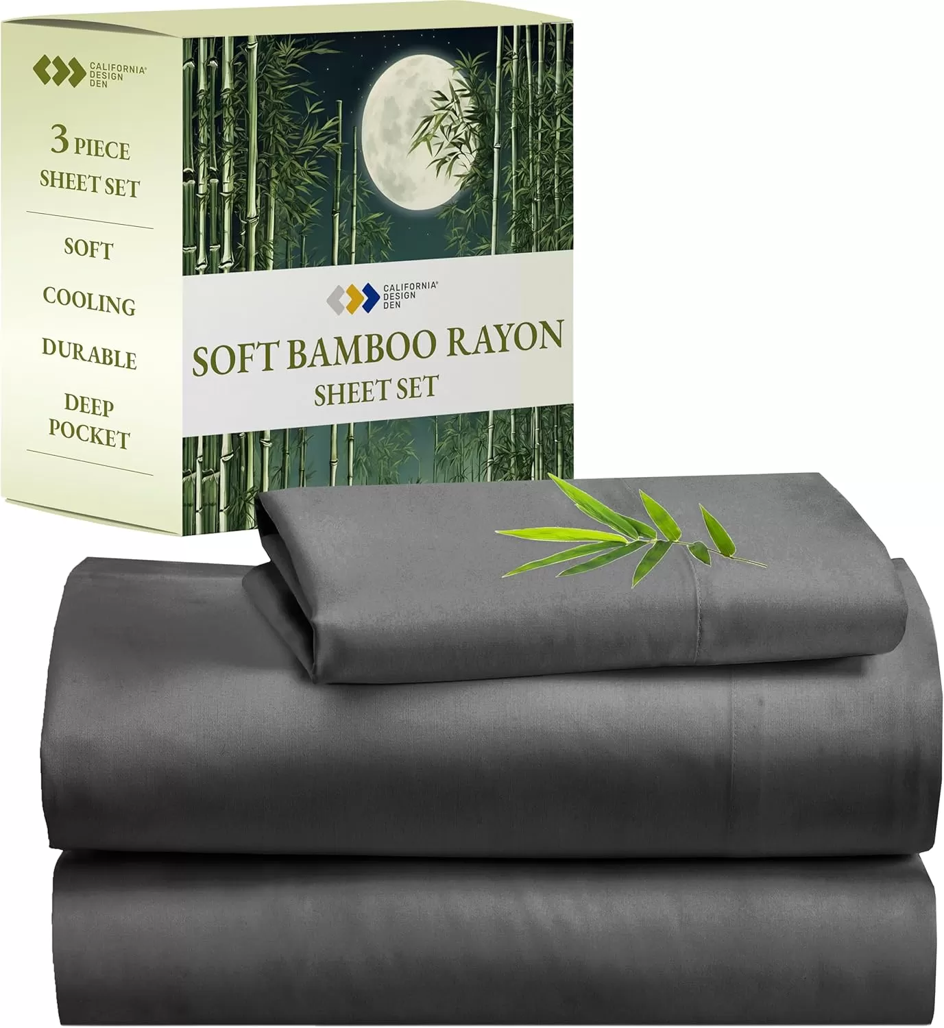 imageCalifornia Design Den Rayon from Bamboo Sheets Queen Size Bed Luxury Silk Sheets Cooling Sheets White Bedsheets with Snug Fitted Deep Pockets Queen WhiteGrey