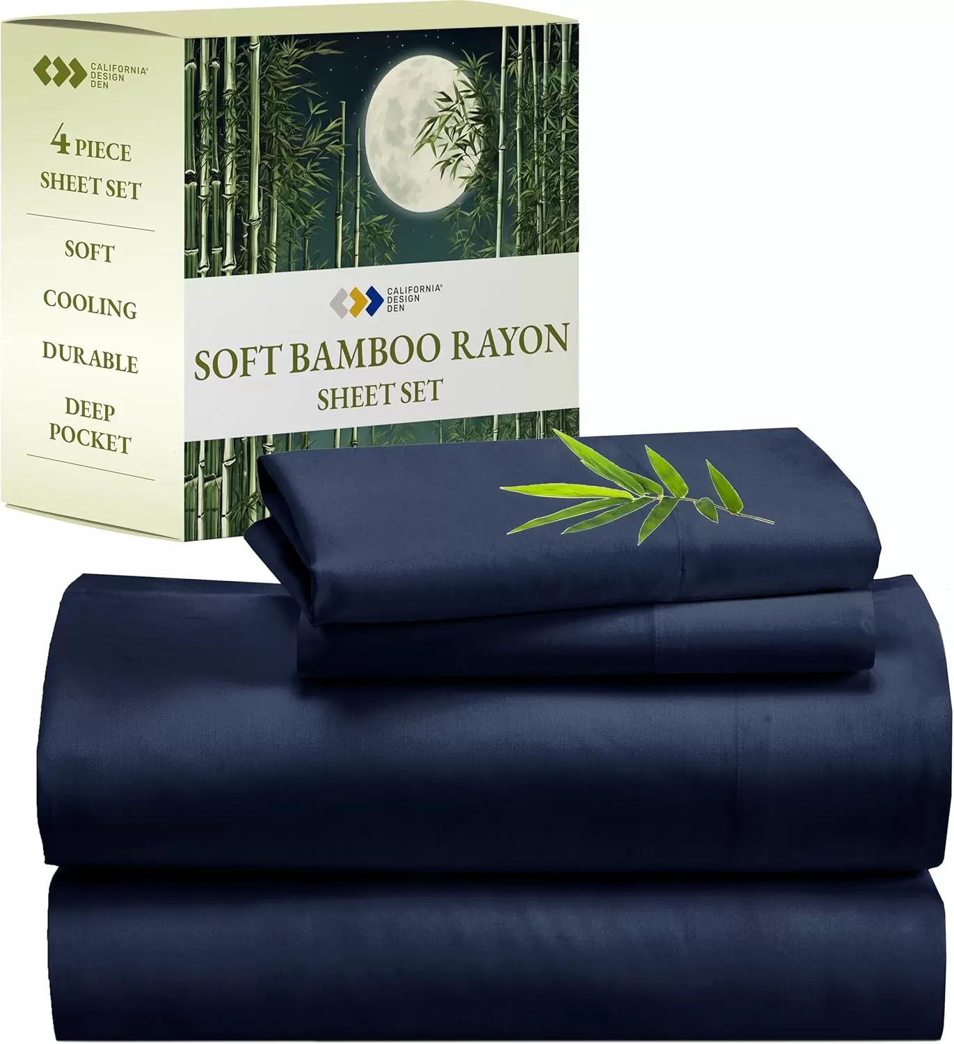 imageCalifornia Design Den Rayon from Bamboo Sheets Queen Size Bed Luxury Silk Sheets Cooling Sheets White Bedsheets with Snug Fitted Deep Pockets Queen WhiteNavy Blue
