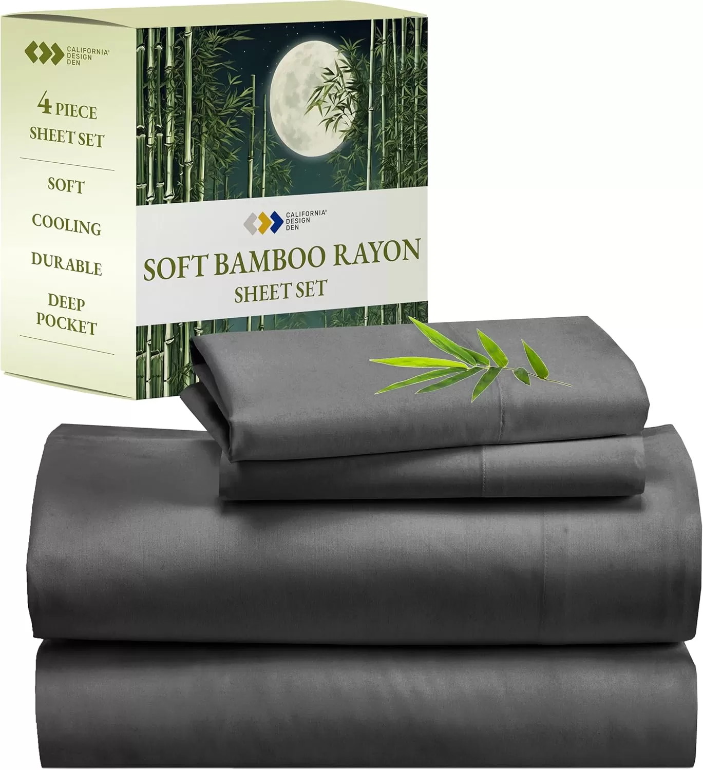 imageCalifornia Design Den Rayon from Bamboo Sheets Queen Size Bed Luxury Silk Sheets Cooling Sheets White Bedsheets with Snug Fitted Deep Pockets Queen WhiteGrey