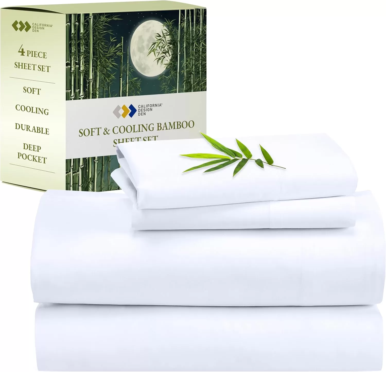 imageCalifornia Design Den Rayon from Bamboo Sheets Queen Size Bed Luxury Silk Sheets Cooling Sheets White Bedsheets with Snug Fitted Deep Pockets Queen WhiteBright White