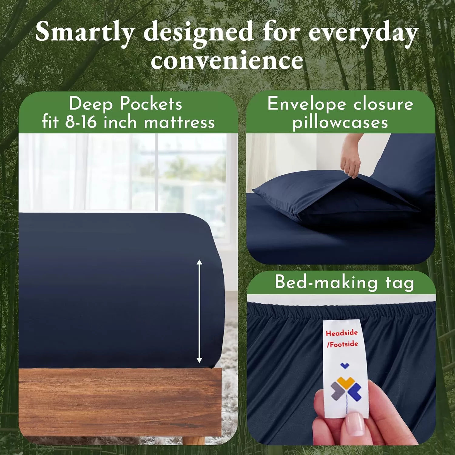 imageCalifornia Design Den Rayon from Bamboo Sheets Queen Size Bed Luxury Silk Sheets Cooling Sheets White Bedsheets with Snug Fitted Deep Pockets Queen WhiteNavy Blue