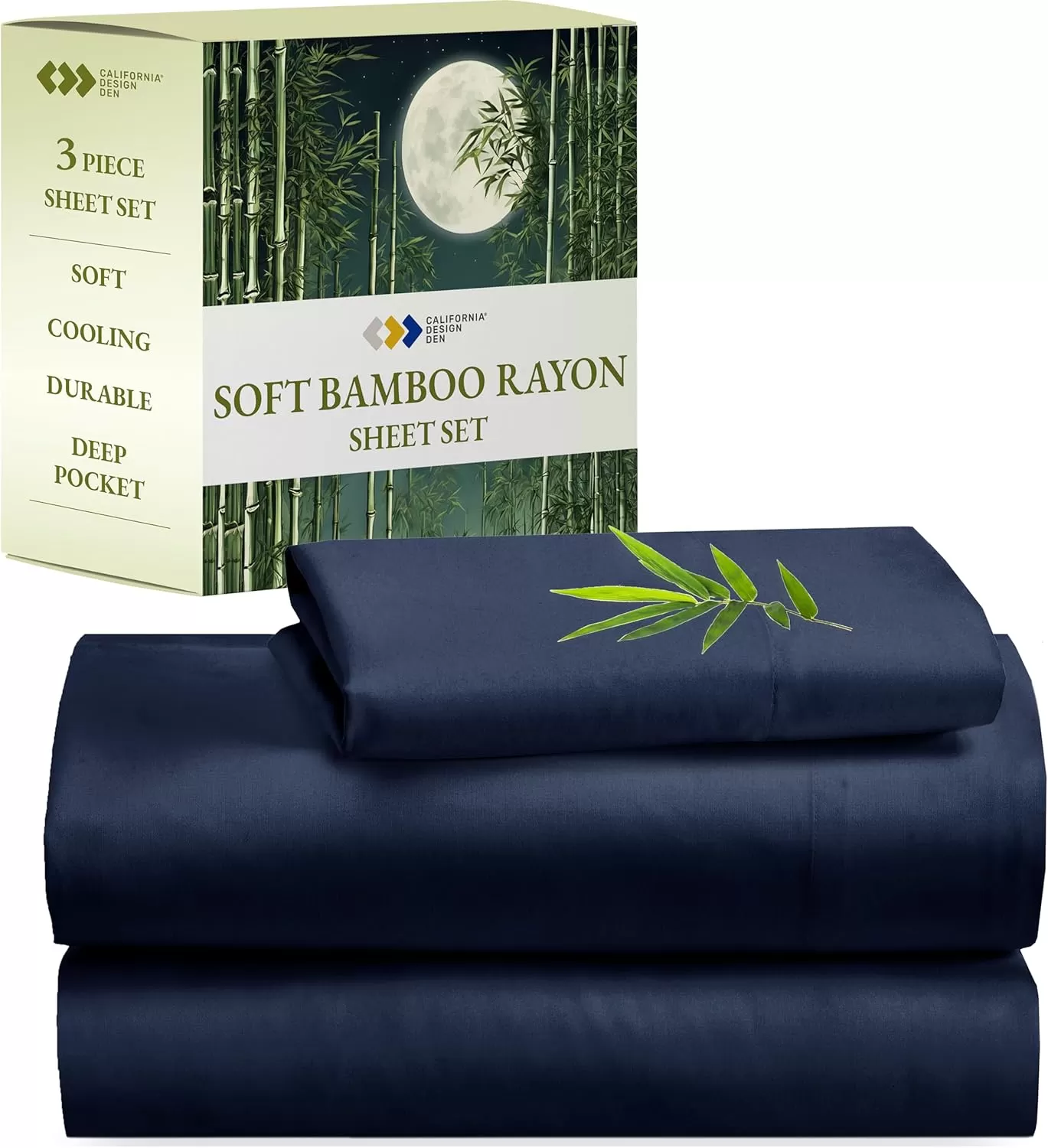 imageCalifornia Design Den Rayon from Bamboo Sheets Queen Size Bed Luxury Silk Sheets Cooling Sheets White Bedsheets with Snug Fitted Deep Pockets Queen WhiteNavy Blue
