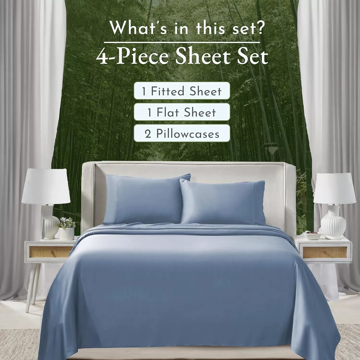 imageCalifornia Design Den Rayon from Bamboo Sheets Queen Size Bed Luxury Silk Sheets Cooling Sheets White Bedsheets with Snug Fitted Deep Pockets Queen WhiteBlue Hydrangea