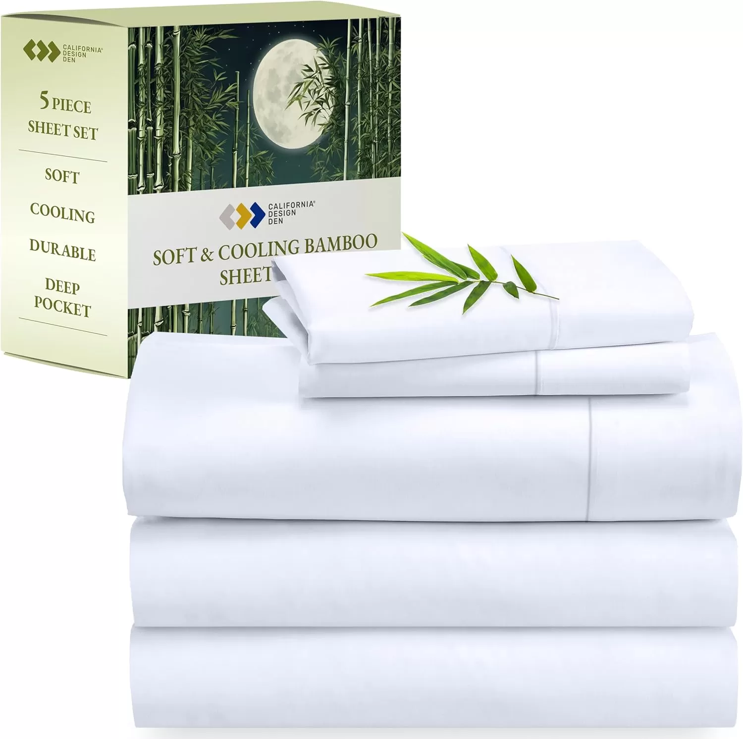 imageCalifornia Design Den Rayon from Bamboo Sheets Queen Size Bed Luxury Silk Sheets Cooling Sheets White Bedsheets with Snug Fitted Deep Pockets Queen WhiteBright White
