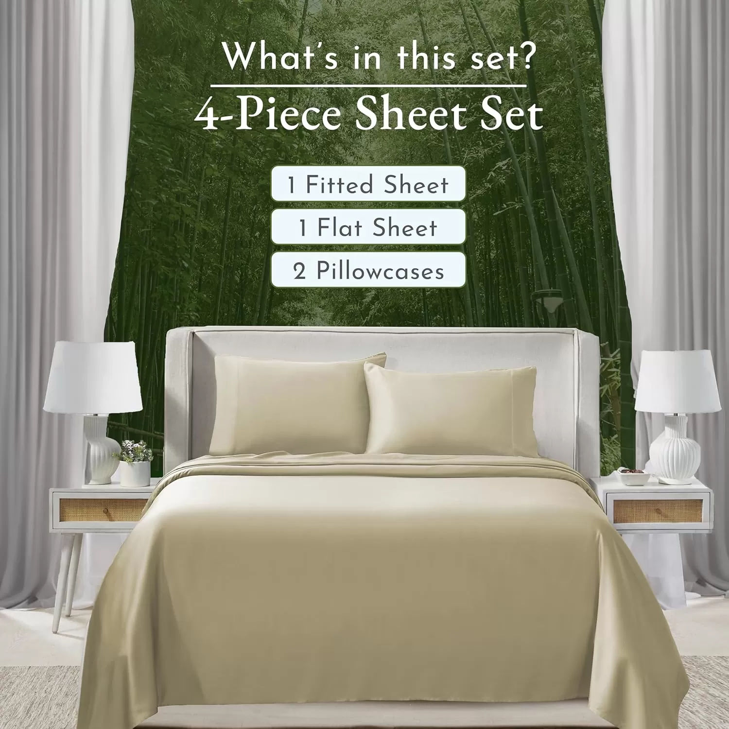 imageCalifornia Design Den Rayon from Bamboo Sheets Queen Size Bed Luxury Silk Sheets Cooling Sheets White Bedsheets with Snug Fitted Deep Pockets Queen WhiteBeige