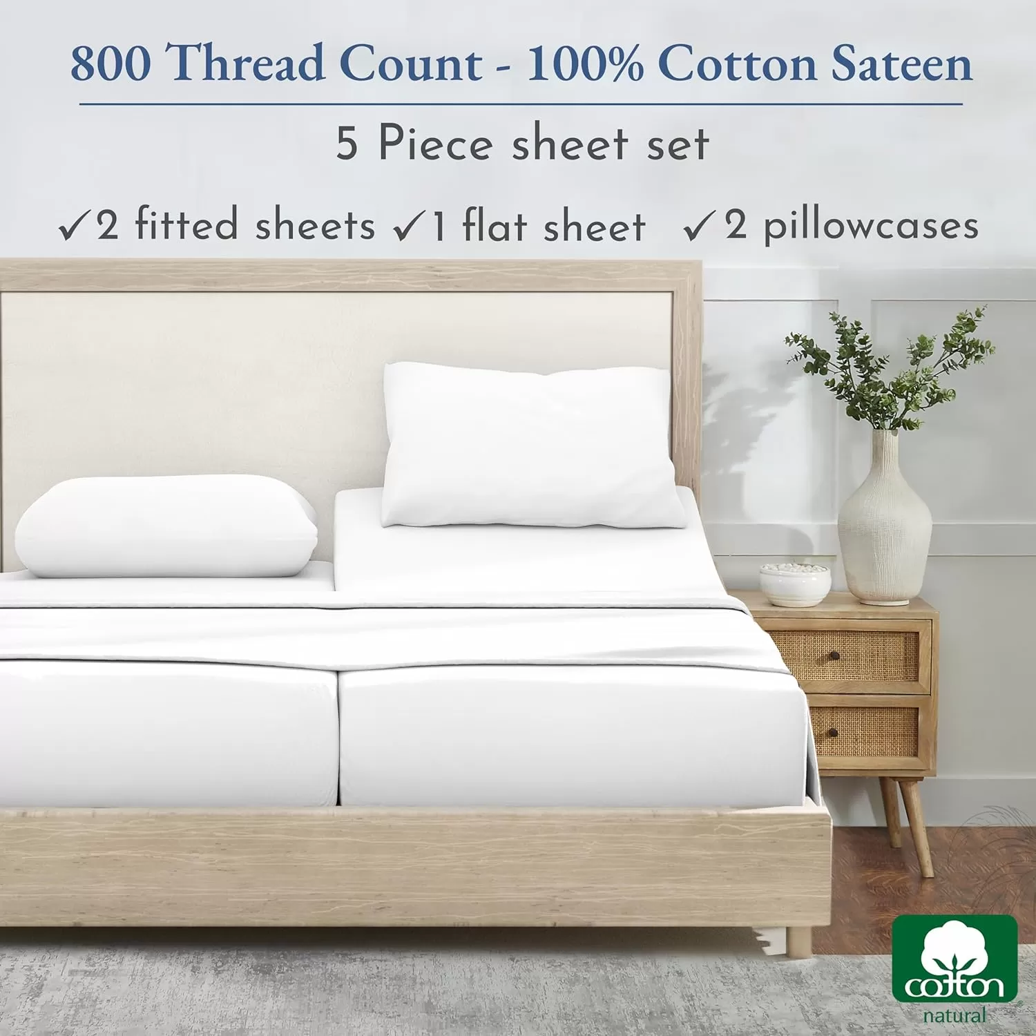 imageCalifornia Design Den Split King Sheets Sets for Adjustable Bed  Buttery Soft 800 Thread Count 100 Cotton Set  Beats Fake Egyptian Claims Bedding Set with Durable Twin XL Fitted Sheets WhiteBright White