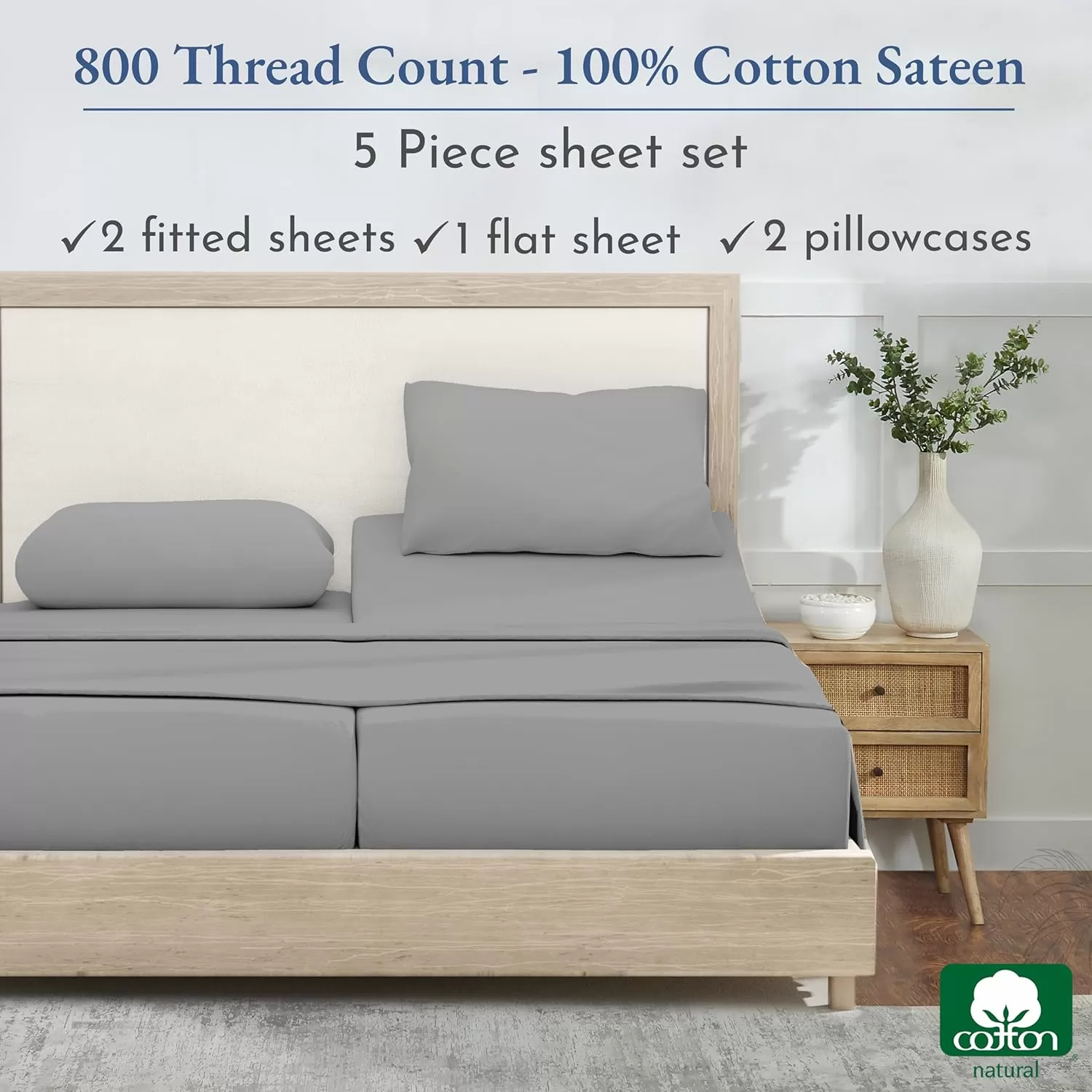 imageCalifornia Design Den Split King Sheets Sets for Adjustable Bed  Buttery Soft 800 Thread Count 100 Cotton Set  Beats Fake Egyptian Claims Bedding Set with Durable Twin XL Fitted Sheets WhiteLight Grey