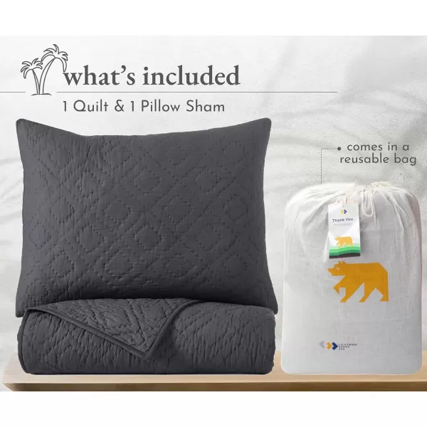 imageCalifornia Design Den HandQuilted Quilt Twin Size 100 Cotton Fabric 2 Piece Twin Charcoal Quilt Set All Season PreSoftened Diamond Pattern Charcoal