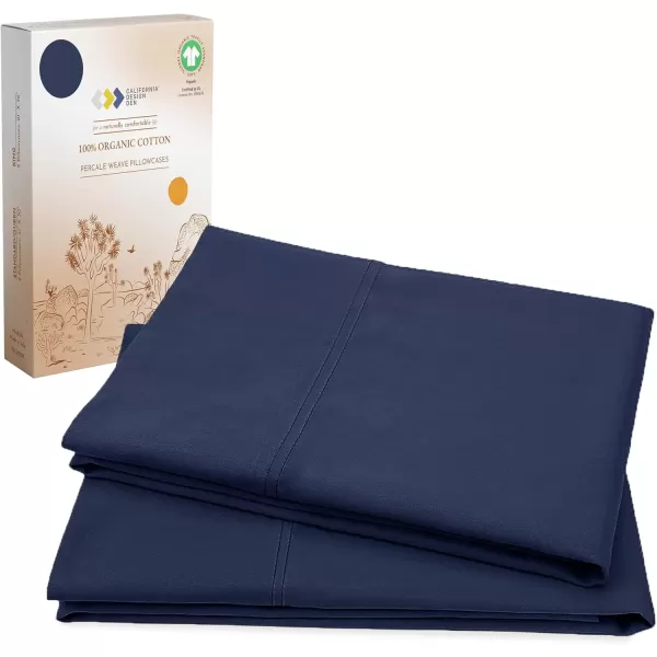 imageCalifornia Design Den 100 Organic Cotton Pillow Cases QueenStandard Set of 2 Authentic GOTS Certified Soft ampamp Cooling Percale Weave Cotton Pillowcases Bright WhiteNavy