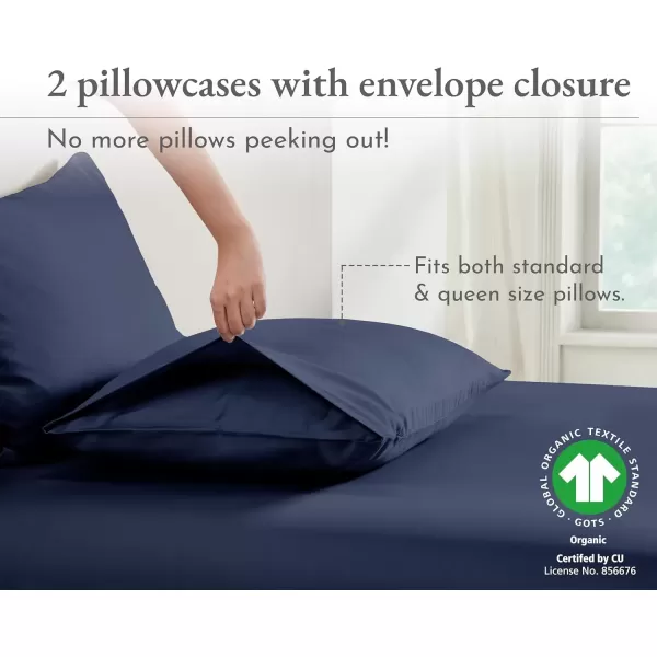 imageCalifornia Design Den 100 Organic Cotton Pillow Cases QueenStandard Set of 2 Authentic GOTS Certified Soft ampamp Cooling Percale Weave Cotton Pillowcases Bright WhiteNavy