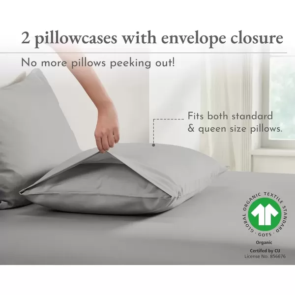 imageCalifornia Design Den 100 Organic Cotton Pillow Cases QueenStandard Set of 2 Authentic GOTS Certified Soft ampamp Cooling Percale Weave Cotton Pillowcases Bright WhiteLight Grey