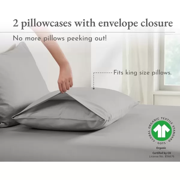 imageCalifornia Design Den 100 Organic Cotton Pillow Cases QueenStandard Set of 2 Authentic GOTS Certified Soft ampamp Cooling Percale Weave Cotton Pillowcases Bright WhiteLight Grey