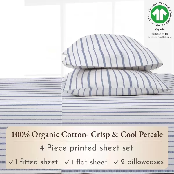 imageCalifornia Design Den 100 Organic Cotton Sheets for Queen Size Bed Deep Pockets Percale Sheets Queen GOTS Certified Soft Cooling Sheets Bed Sheets Queen Sheet Set White Sheets07  Blue Stripe Print