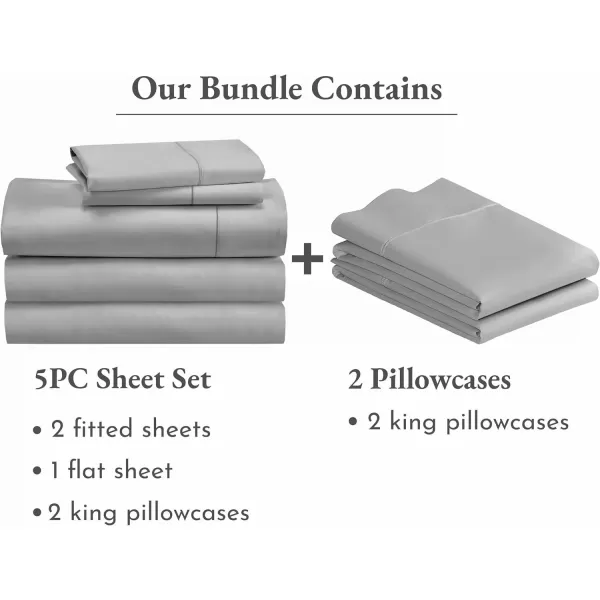 imageCalifornia Design Den 7 Piece Split King Size Sheet Set with 4 Pillowcases 400 Thread Count 100 Cotton Sateen Light Grey