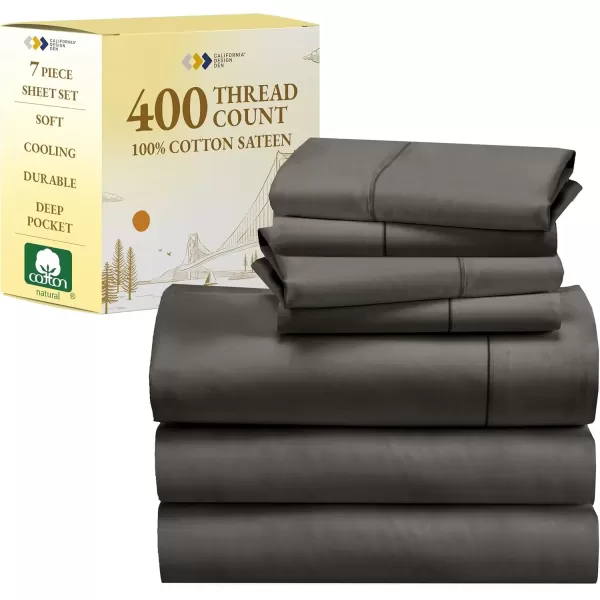 imageCalifornia Design Den 7 Piece Split King Size Sheet Set with 4 Pillowcases 400 Thread Count 100 Cotton Sateen Light Grey