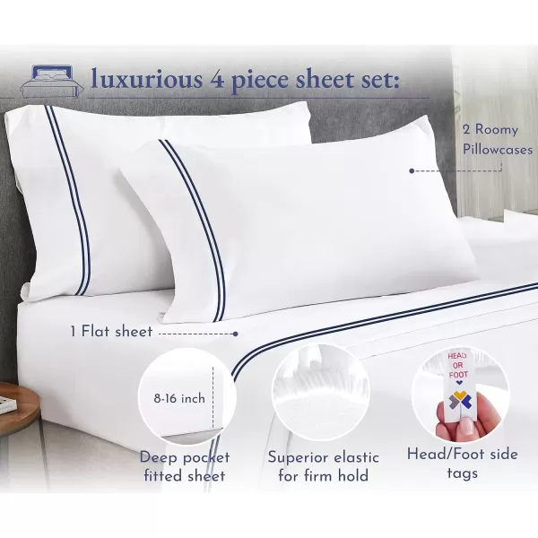 imageCalifornia Design Den Split King Sheet Set  100 Cotton 600 Thread Count Breathable Luxury King Size Sheets for Adjustable Bed Luxury Soft HotelQuality Sheets with Sateen Weave  Pastel Blue17  White  Embroidery Navy