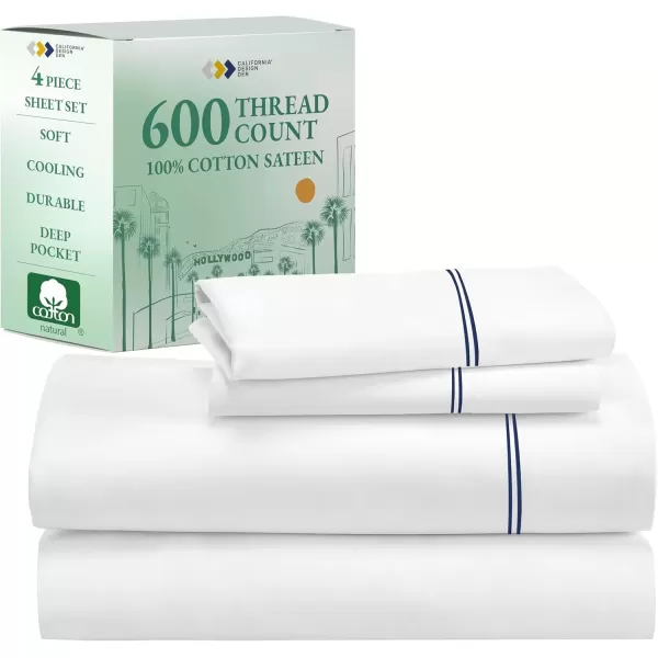 imageCalifornia Design Den Split King Sheet Set  100 Cotton 600 Thread Count Breathable Luxury King Size Sheets for Adjustable Bed Luxury Soft HotelQuality Sheets with Sateen Weave  Pastel Blue17  White  Embroidery Navy