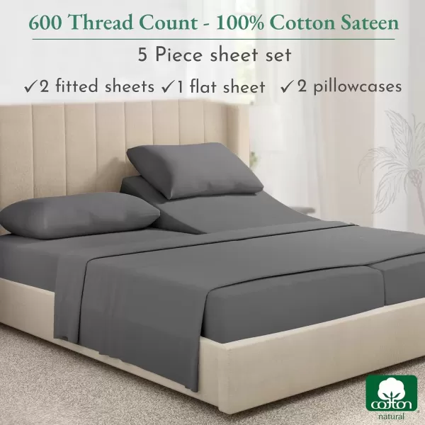 imageCalifornia Design Den Split King Sheet Set  100 Cotton 600 Thread Count Breathable Luxury King Size Sheets for Adjustable Bed Luxury Soft HotelQuality Sheets with Sateen Weave  Pastel Blue05  Grey