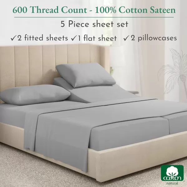 imageCalifornia Design Den Split King Sheet Set  100 Cotton 600 Thread Count Breathable Luxury King Size Sheets for Adjustable Bed Luxury Soft HotelQuality Sheets with Sateen Weave  Pastel Blue04  Light Grey