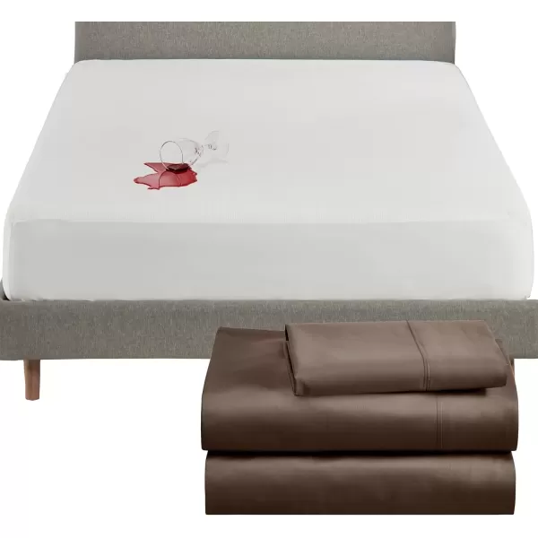 image4 Piece Twin XL Size Sheet Set Chocolate Rich Brown and Waterproof Mattress Protector White Bundle  400 Thread Count 100 Cotton Sateen 3 Piece Sheet Set with 1 Mattress Protector