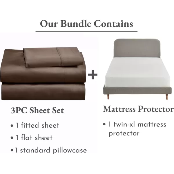 image4 Piece Twin XL Size Sheet Set Chocolate Rich Brown and Waterproof Mattress Protector White Bundle  400 Thread Count 100 Cotton Sateen 3 Piece Sheet Set with 1 Mattress Protector