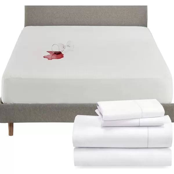 image5 Piece California King Size Sheet Set and Waterproof Mattress Protector Bundle  400 Thread Count 100 Cotton Sateen 4 Piece Sheet Set with 1 Mattress Protector White