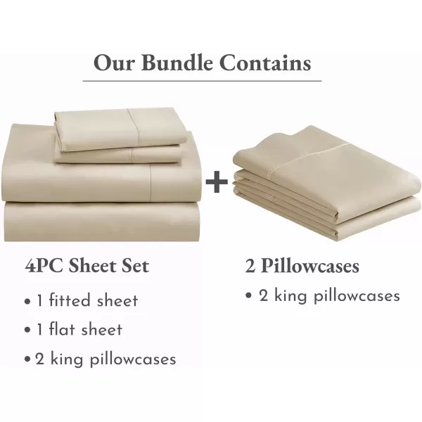 image6 Piece California King Size Sheet Set with 4 Pillowcases 400 Thread Count 100 Cotton Sateen Beige