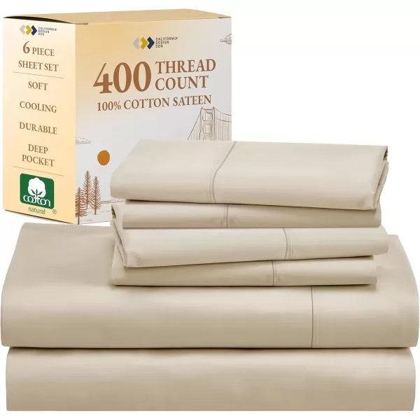 image6 Piece California King Size Sheet Set with 4 Pillowcases 400 Thread Count 100 Cotton Sateen Beige