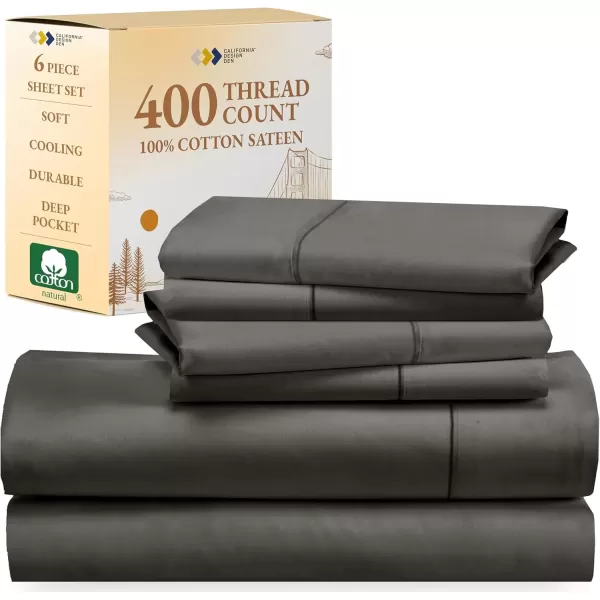 image6 Piece California King Size Sheet Set with 4 Pillowcases 400 Thread Count 100 Cotton Sateen Grey