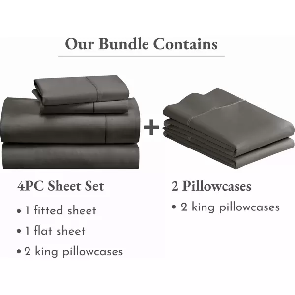 image6 Piece California King Size Sheet Set with 4 Pillowcases 400 Thread Count 100 Cotton Sateen Grey
