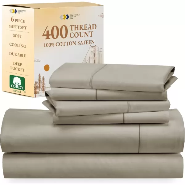 image6 Piece California King Size Sheet Set with 4 Pillowcases 400 Thread Count 100 Cotton Sateen Taupe