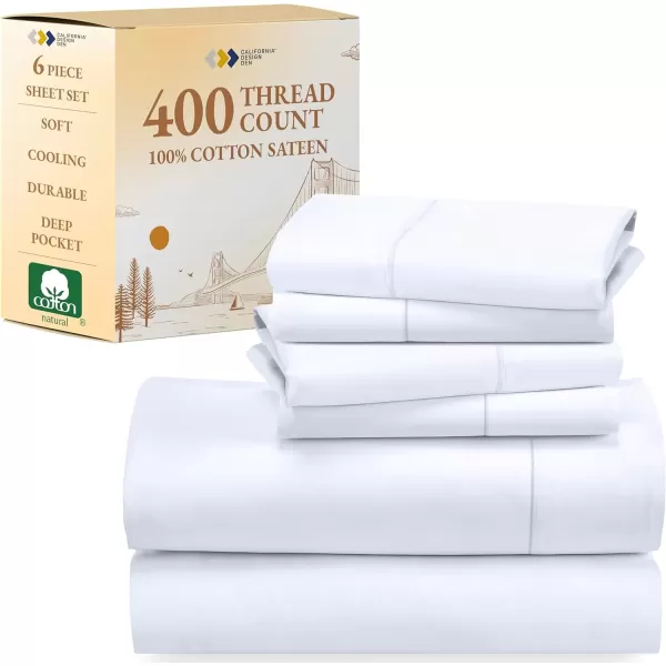 image6 Piece California King Size Sheet Set with 4 Pillowcases 400 Thread Count 100 Cotton Sateen White
