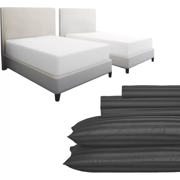 image7 Piece Split King Size Stripped Sheet Set Grey and Waterproof Mattress Protector White Bundle  500 Thread Count 100 Cotton Sateen 5 Piece Sheet Set with 2 Mattress Protectors