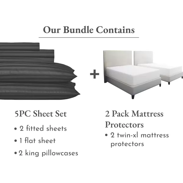 image7 Piece Split King Size Stripped Sheet Set Grey and Waterproof Mattress Protector White Bundle  500 Thread Count 100 Cotton Sateen 5 Piece Sheet Set with 2 Mattress Protectors