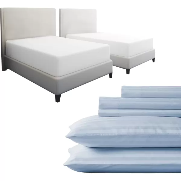 image7 Piece Split King Size Stripped Sheet Set Light Blue and Waterproof Mattress Protector White Bundle  500 Thread Count 100 Cotton Sateen 5 Piece Sheet Set with 2 Mattress Protectors