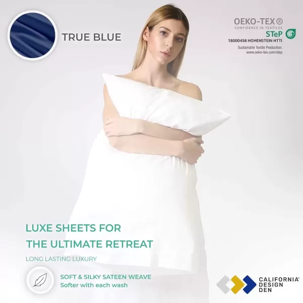 imageCALIFORNIA DESIGN DEN 5Star Hotel 600 Thread Count Blue Pure 100 Cotton Soft Bedding Sheet Set Queen Size with Deep Pockets Quality Beats Egyptian Cotton Claims Trellis Pattern BlueTrue Blue