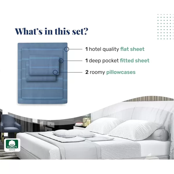 imageCALIFORNIA DESIGN DEN 5Star Hotel 600 Thread Count Blue Pure 100 Cotton Soft Bedding Sheet Set Queen Size with Deep Pockets Quality Beats Egyptian Cotton Claims Trellis Pattern BlueClassic Stripe  Blue