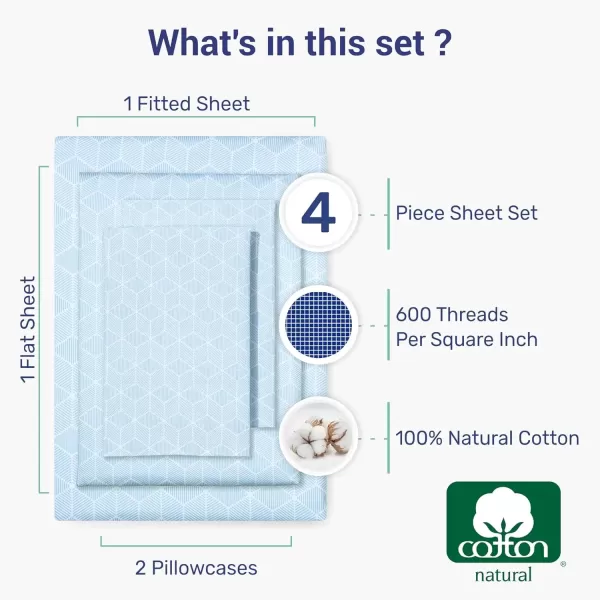 imageCALIFORNIA DESIGN DEN 5Star Hotel 600 Thread Count Blue Pure 100 Cotton Soft Bedding Sheet Set Queen Size with Deep Pockets Quality Beats Egyptian Cotton Claims Trellis Pattern BlueStripe Blue