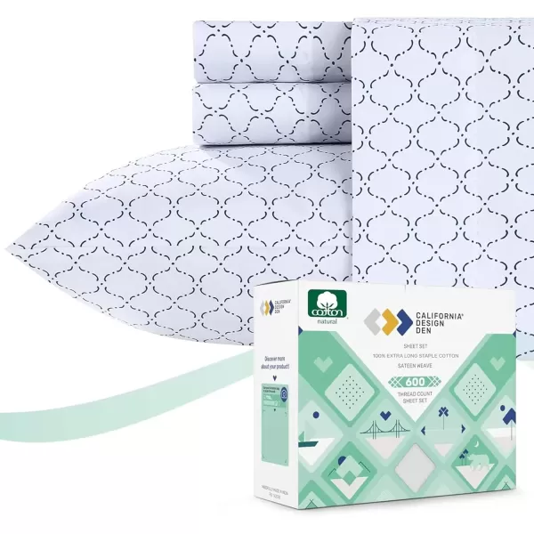 imageCALIFORNIA DESIGN DEN 5Star Hotel 600 Thread Count Blue Pure 100 Cotton Soft Bedding Sheet Set Queen Size with Deep Pockets Quality Beats Egyptian Cotton Claims Trellis Pattern BlueTrellis Pattern