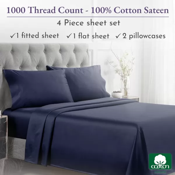 imageCalifornia Design Den 1000 Thread Count Cal King Cotton Sheets Set Winner Architectural Digest Best Sheet Luxury 100 Cotton Sateen Bed Sheets Softer Than Egyptian Cotton WhiteNavy Blue